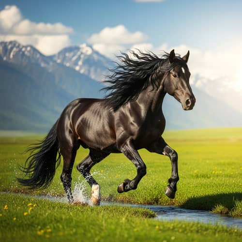 Black Stallion Galloping in a Green Field | Majestic Mountain View