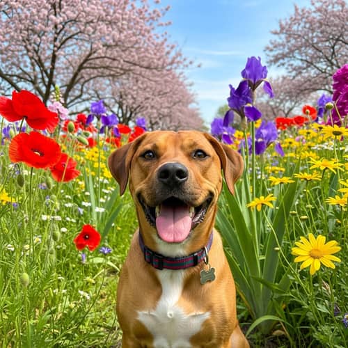 Happy Medium-Sized Dog in Lush Flower Field | Vibrant Blooms