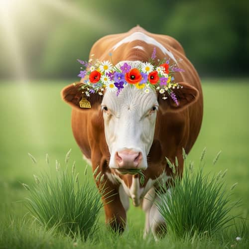 Peaceful Meadow Scene with Crowned Cow | Nature Harmony