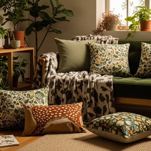 Tranquil Nature-Inspired Room Decor with Green and Brown Cushions