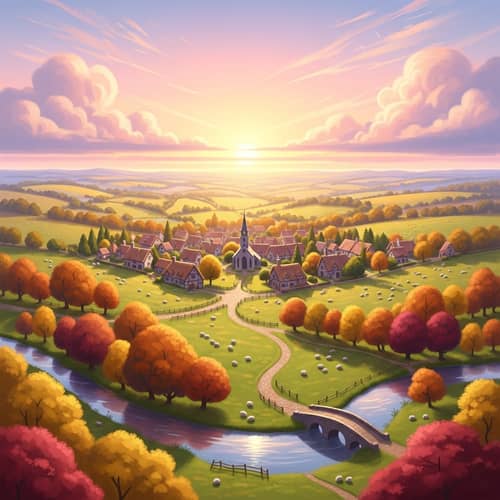 Idyllic Pastel Countryside Village: Aerial Serenity