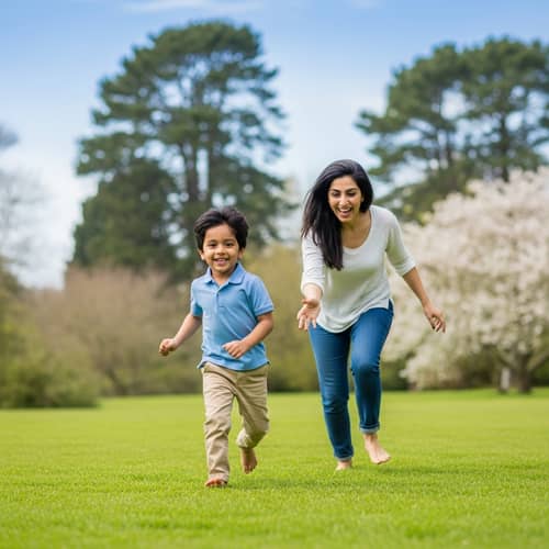 Cheerful South Asian Boy and Mother Playing in Grassy Field
