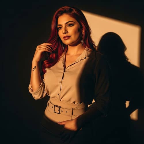 Voluptuous Hispanic Woman with Auburn Hair | Chic Outfit