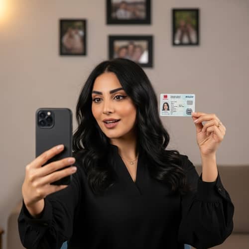 Middle-Eastern Woman Holding Smartphone and ID Card | Excited Expression