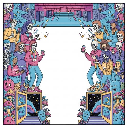 Surreal Cyberpunk Poster: Stage, People, Monsters, Cosmos