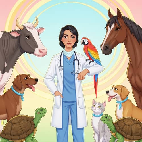 Young Hispanic Veterinarian with Macaw, Cow, Horse, Dog, Cat, and Turtle