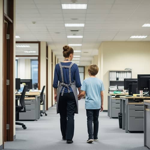 European Cleaning Lady Leading Child in Office Corridor