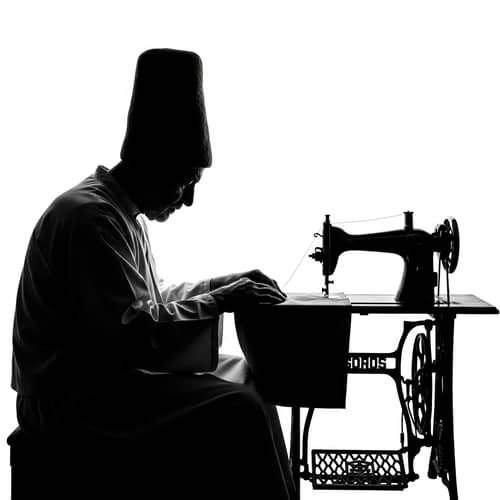 Silhouette of Elderly Dervish Sewing with Traditional Machine