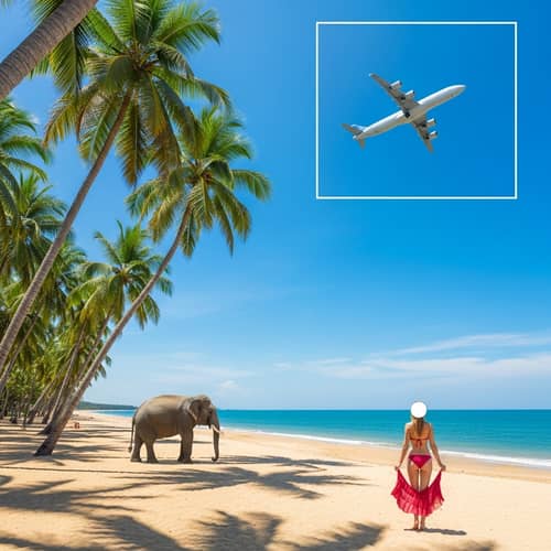 Serene Beach Scene with Palm Trees, Elephant, and Airplane