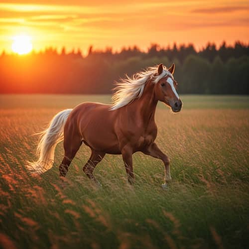 Graceful Chestnut Brown Horse Galloping in Golden Sunset Field