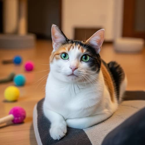 Beautiful Multicolored Cat on Cushion | Comfortable & Curious