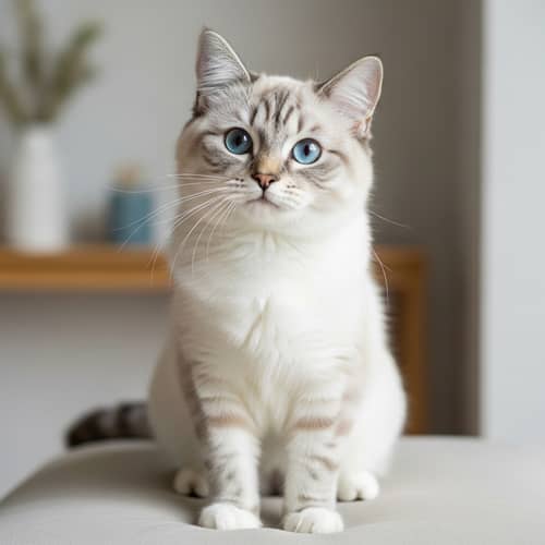 Adorable Cat Sitting Comfortably | Whites, Grays, Playful Blue Eyes