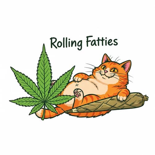 Mischievous Orange Feline Lounging with Cannabis Leaf