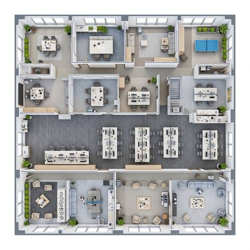 Modern Startup Floor Plan Design with Meeting Rooms and Quiet Zones