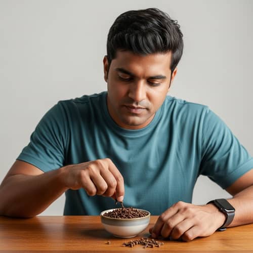 Tranquil South Asian Man Eating Cloves at Wooden Table