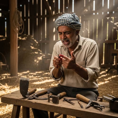 Historic South Asian Worker Painfully Cuts Finger in Rustic Barn