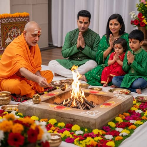 Indian Saint Performing Havan Ritual with Devotee Family in Green Colors