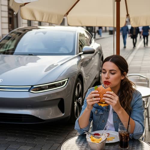Modern Car on Street with Woman Eating Burger Outdoors