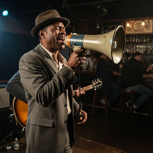 Passionate Blues Musician Singing Into Vintage Megaphone