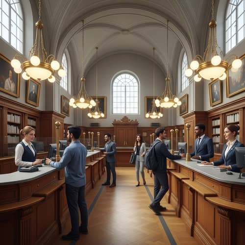 Magical European Bank Interior with Diverse Interaction