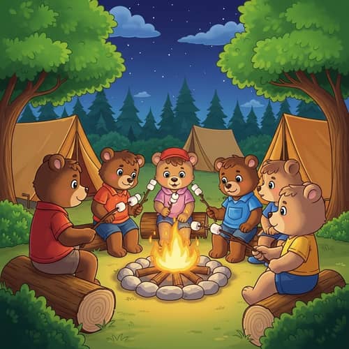 Adolescent Cartoon Bears Roasting Marshmallows at Camp
