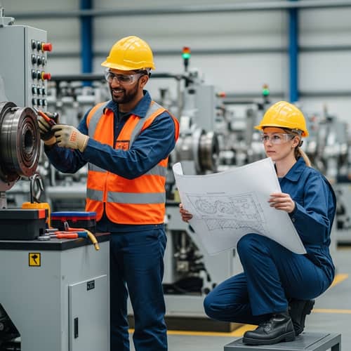 Maintenance Engineers Reviewing Machinery and Blueprints