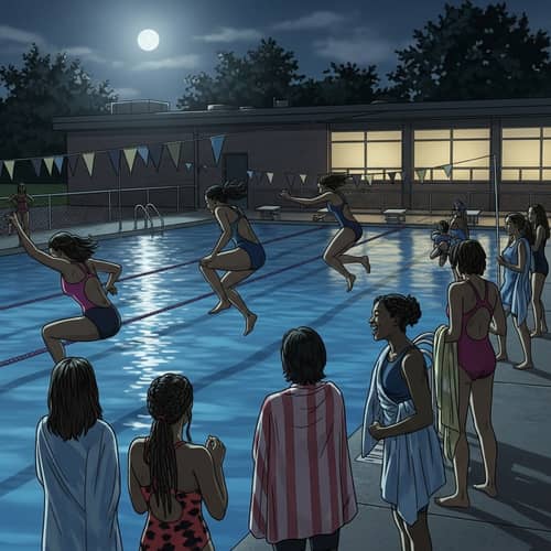 High School Black Female Students Nighttime Swimming Pool Scene High School Black Female Students Nighttime Swimming Pool Scene