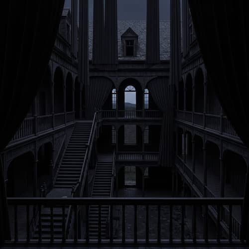 Eerie Night View Inside Abandoned Black Castle
