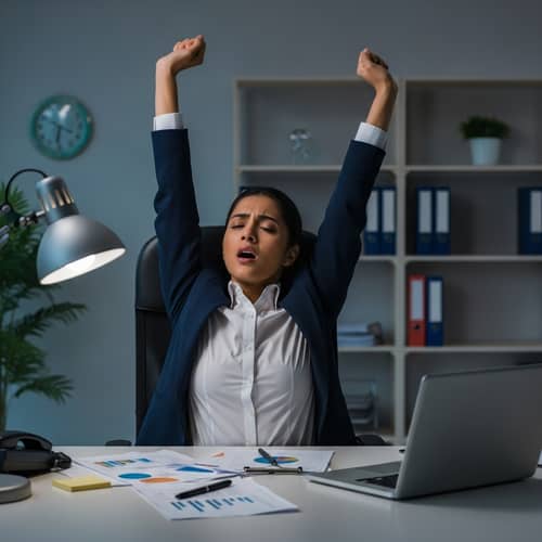 South Asian Businesswoman Exhausted from Long Day in Well-Lit Office