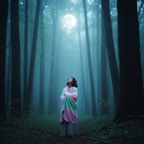 Dreamy Vintage Film Camera Scene of Mysterious Woman in Moonlit Forest