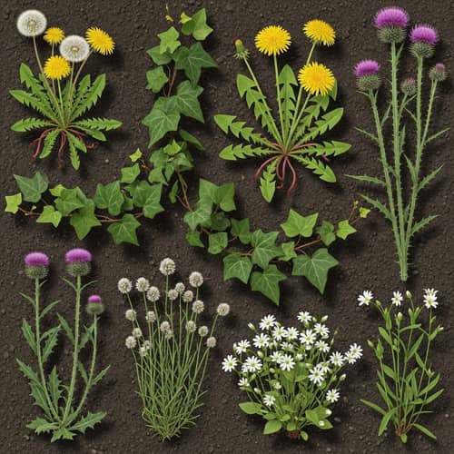 Diverse Garden Weeds: Yellow Dandelions, Green Ivy, Purple Thistles
