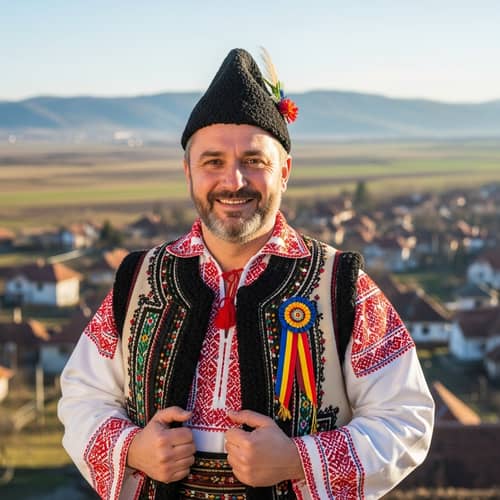 Traditional Romanian Man in Colorful Attire | Stunning Landscape View