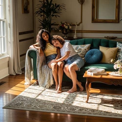 Luxurious Velvet Couch with Two Young Women in Shorts