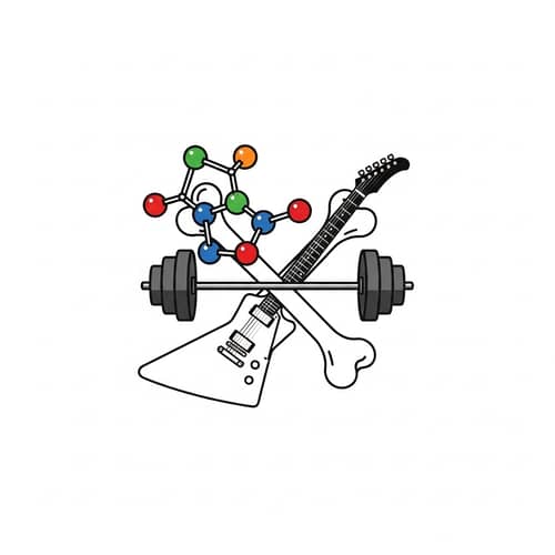 Sleek Logo Design with Molecular Structure, Guitar & Barbell