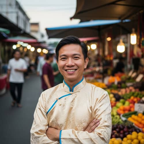 Malaysian-Chinese Individual in Vibrant Street Market | Unique Silk Patterns
