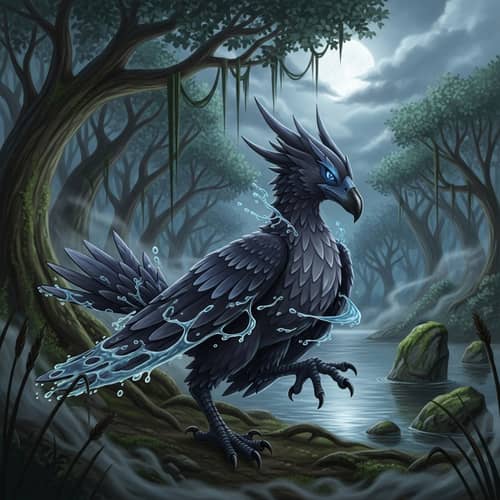 Dark and Water Type Bird-Like Fictional Creature in Mystical Forest by Serene Lake