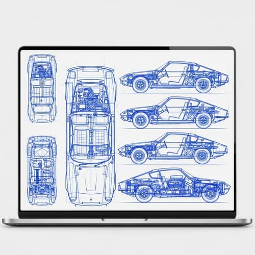 Classic Sports Car Blueprint Wallpaper in Bright Blue | Design Details