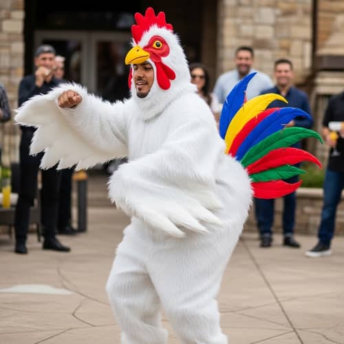 Hispanic Football Player Dancing in Chicken Costume