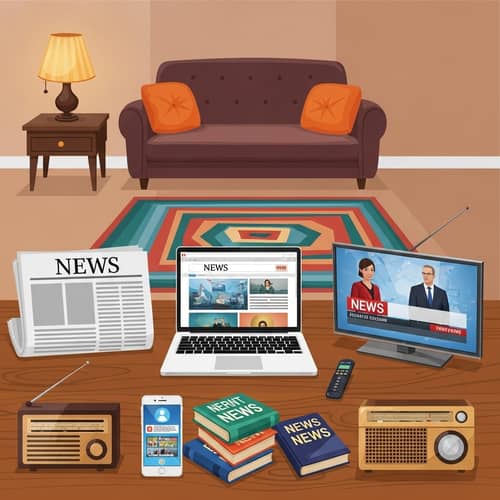 Media Sources Illustration: Newspaper, Laptop, Smartphone, TV, Radio & Books