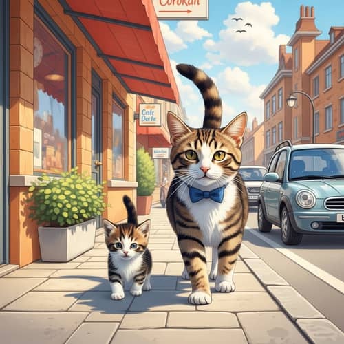 Adorable Kitten and Father Cat Walking in Vibrant Pastel Scene
