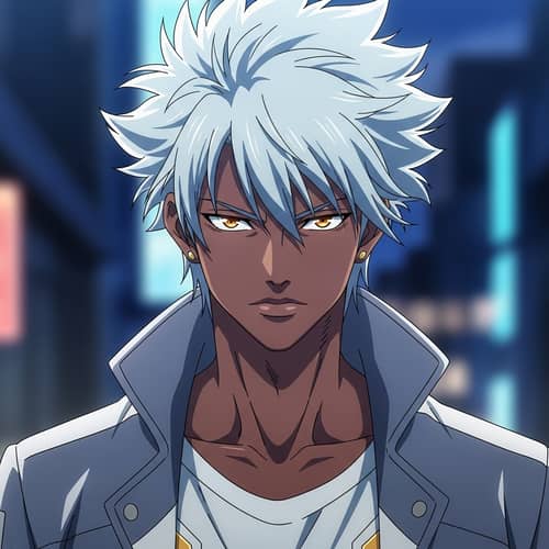 Anime Man with Dark Skin and Light-Colored Hair