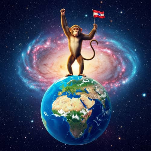 Triumphant Monkey on World Globe - World Domination Symbol