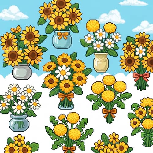 Yellow Flowers in Pixel Art Bouquets