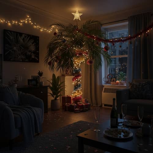 Dark Apartment Decorated with Palm Tree for New Year