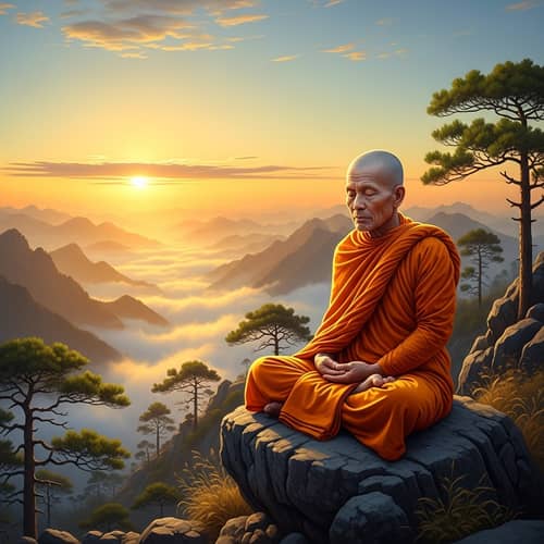 Elderly Asian Monk Meditating on Majestic Mountain | Peaceful Sunrise Scene