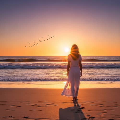 Tranquil Sunset Beach Scene with Long Shadow and Birds in Distance