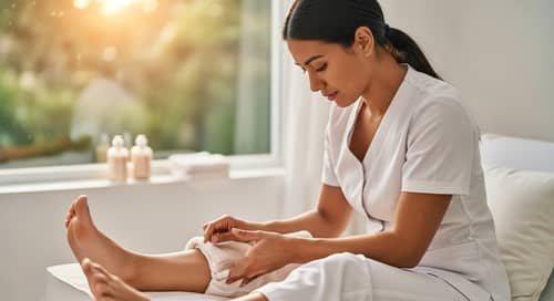 Female Hispanic Reflexologist Foot Reflexology Session