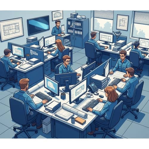 Construction Company Office with Diverse Employees Working on Computers and Desks