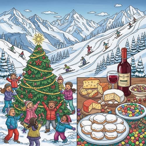Wintry Mountainscape Illustration with Skiers, Christmas Tree & Holiday Treats