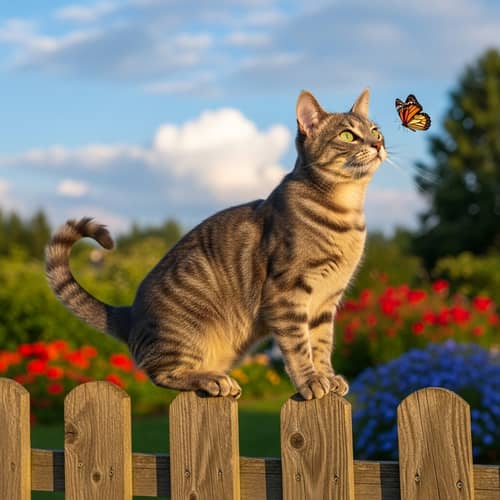 Striking Emerald-Green Eyed Grey Tabby Cat on Rustic Fence